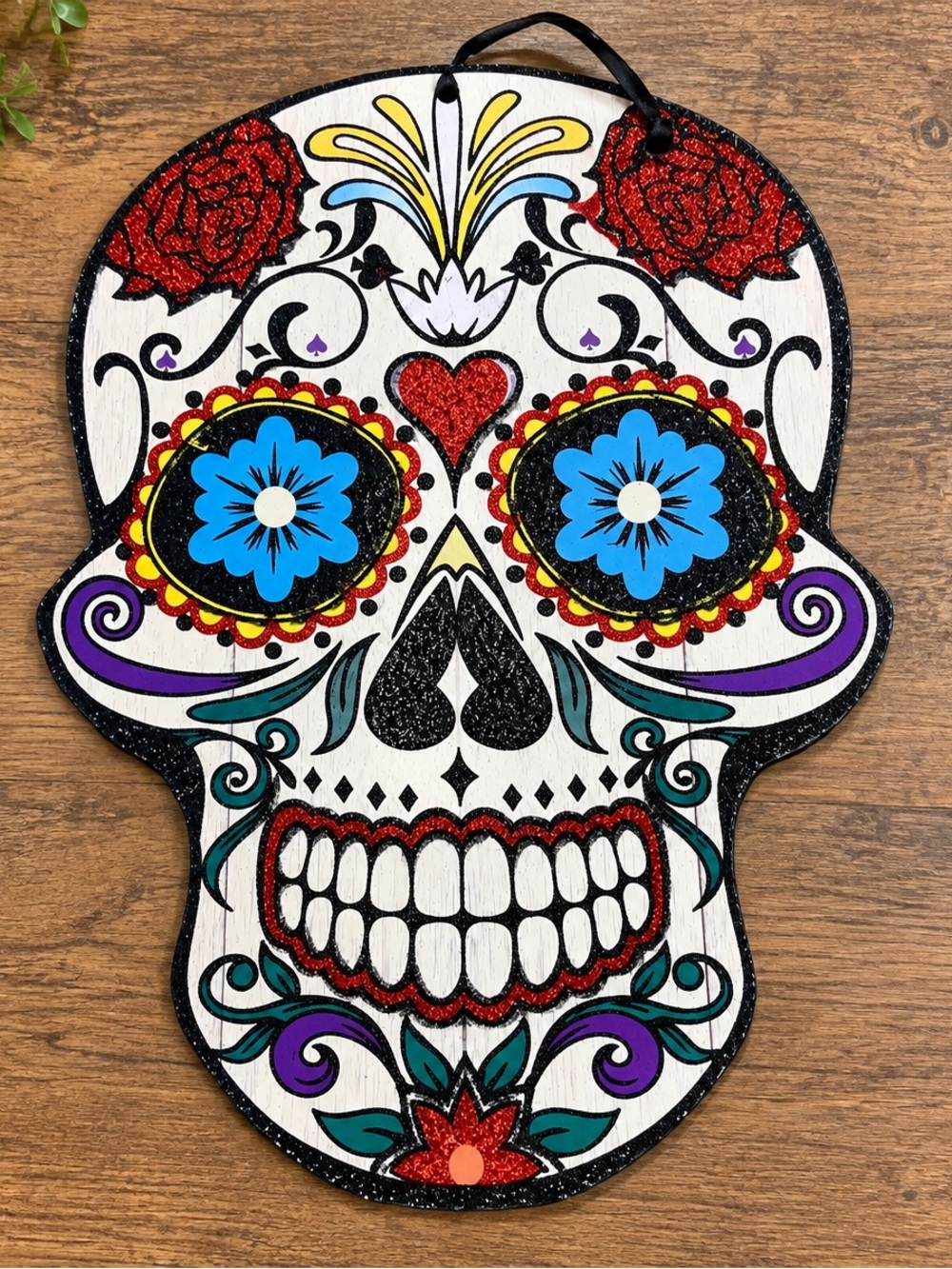 Sugar Skull Day of the Dead Glitter Wall Sign Hanging Halloween Décor